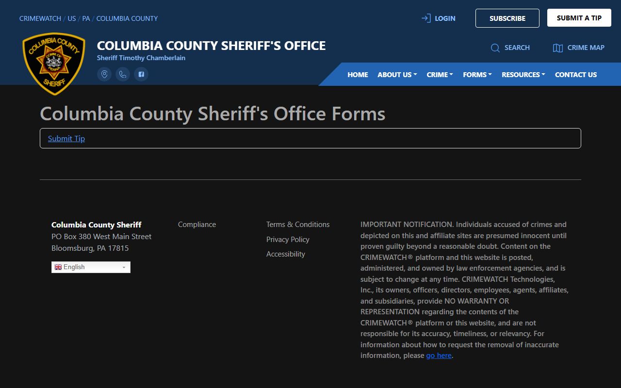 Columbia County arrest records Sheriff submit tip forms