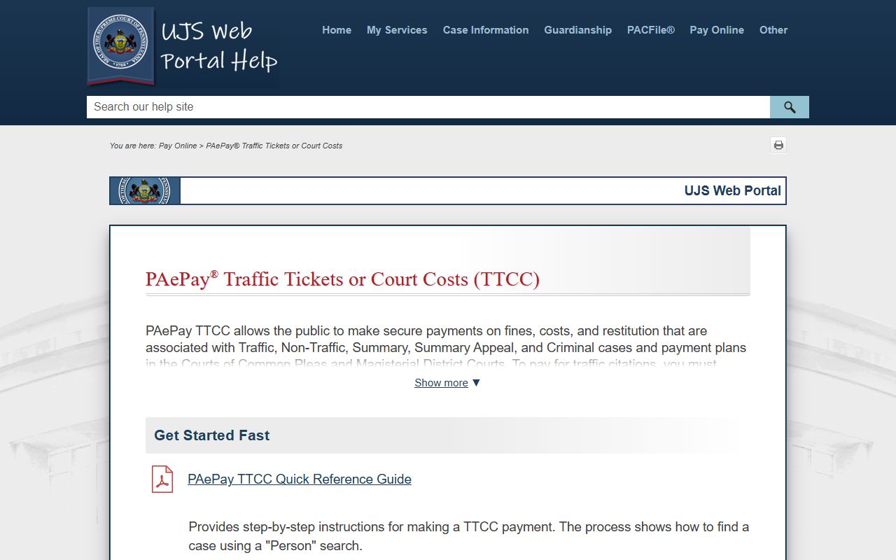 Columbia County court dockets PAePay help page