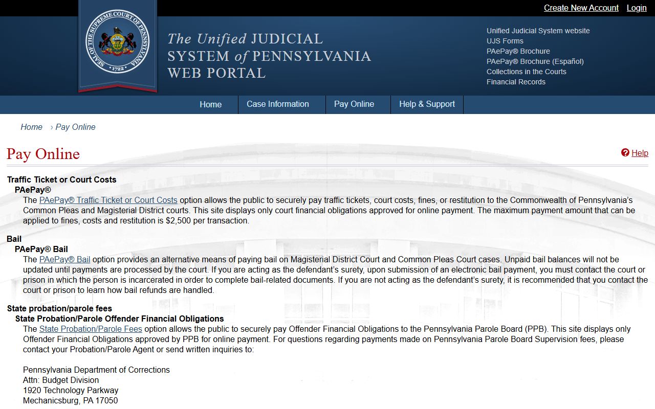 Columbia County court dockets UJS pay online page