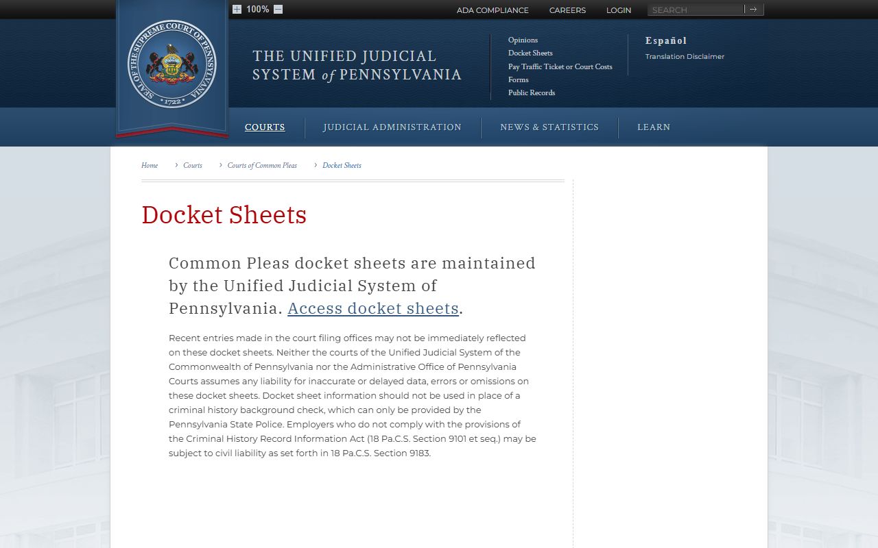 Columbia County court records Common Pleas docket sheet explanation