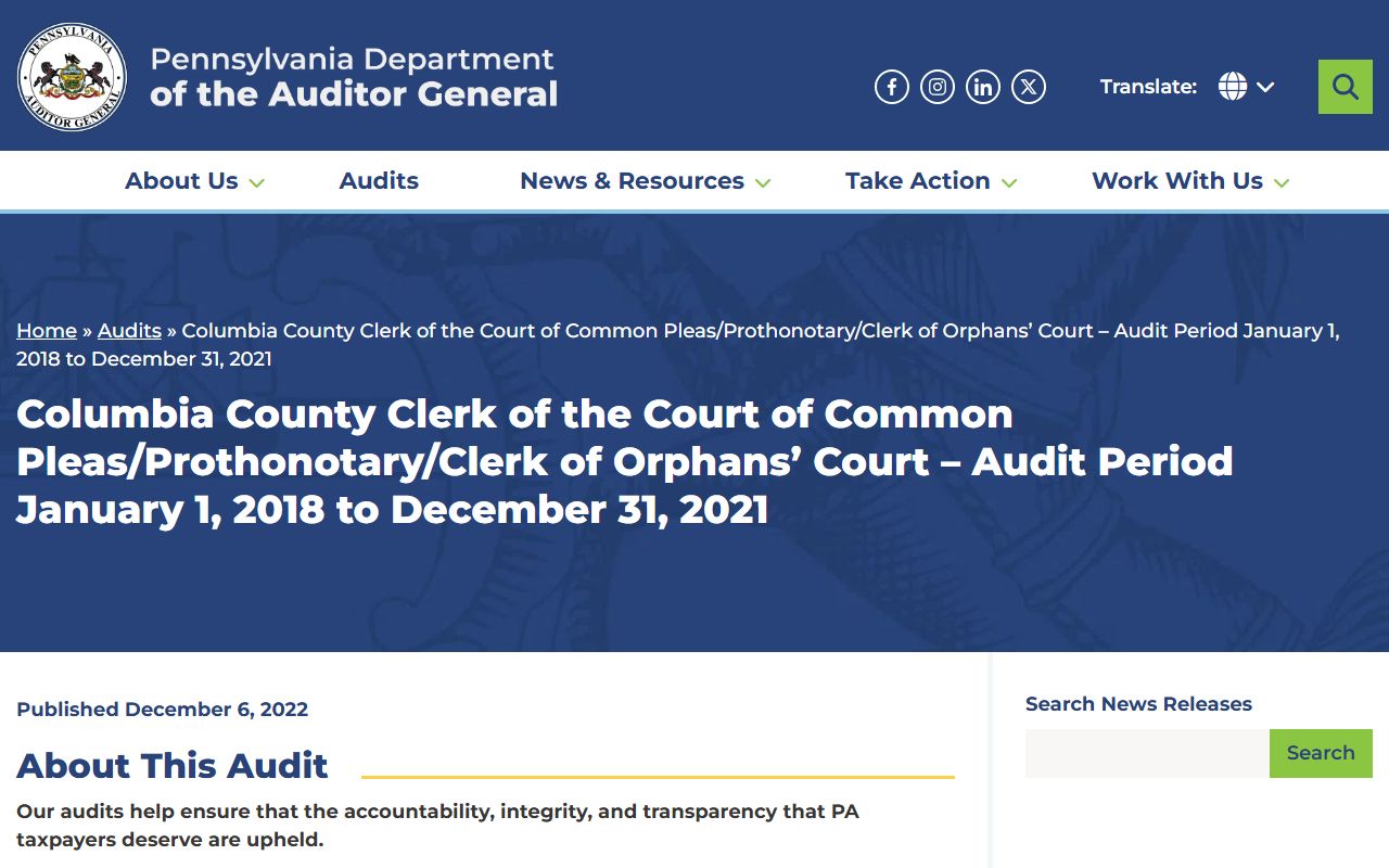 Columbia County criminal court records Auditor General court office audit