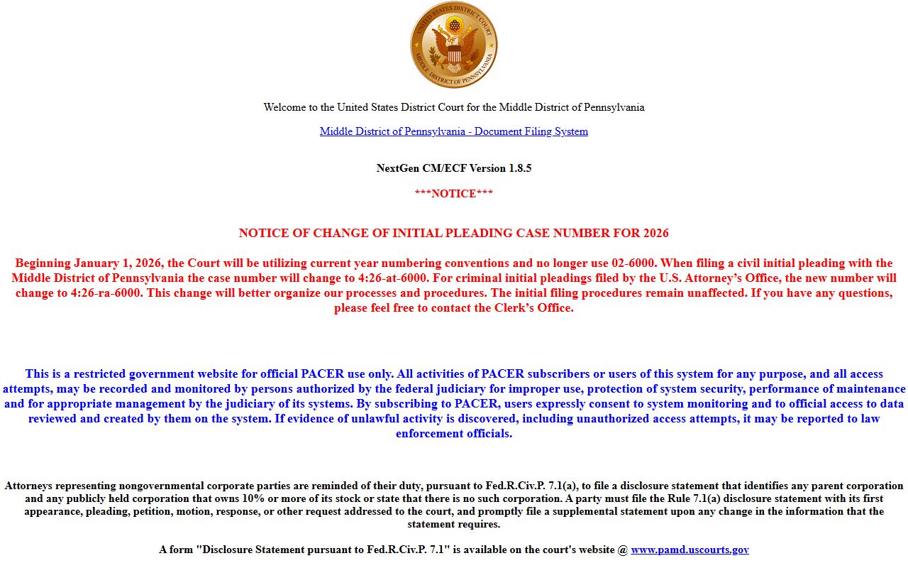 Columbia County Court of Common Pleas records compared with Middle District CM ECF