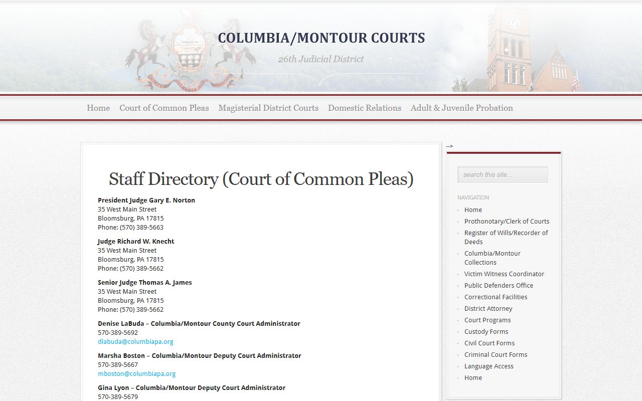 Columbia County Court records Common Pleas staff directory