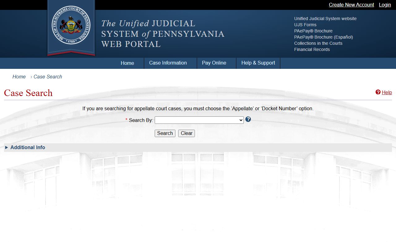 Columbia County Court records UJS case search page