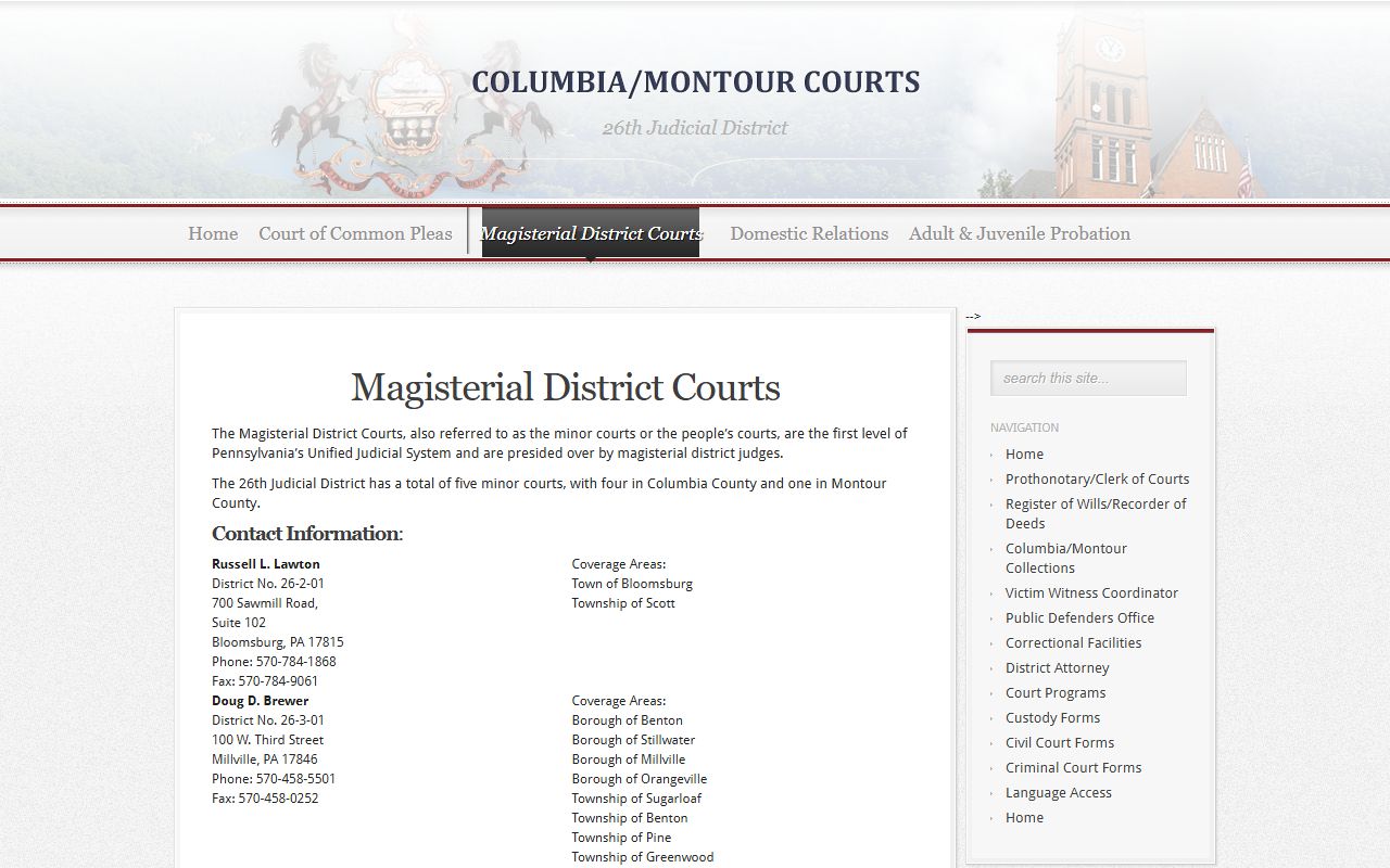 Columbia County Court records Magisterial District Courts list