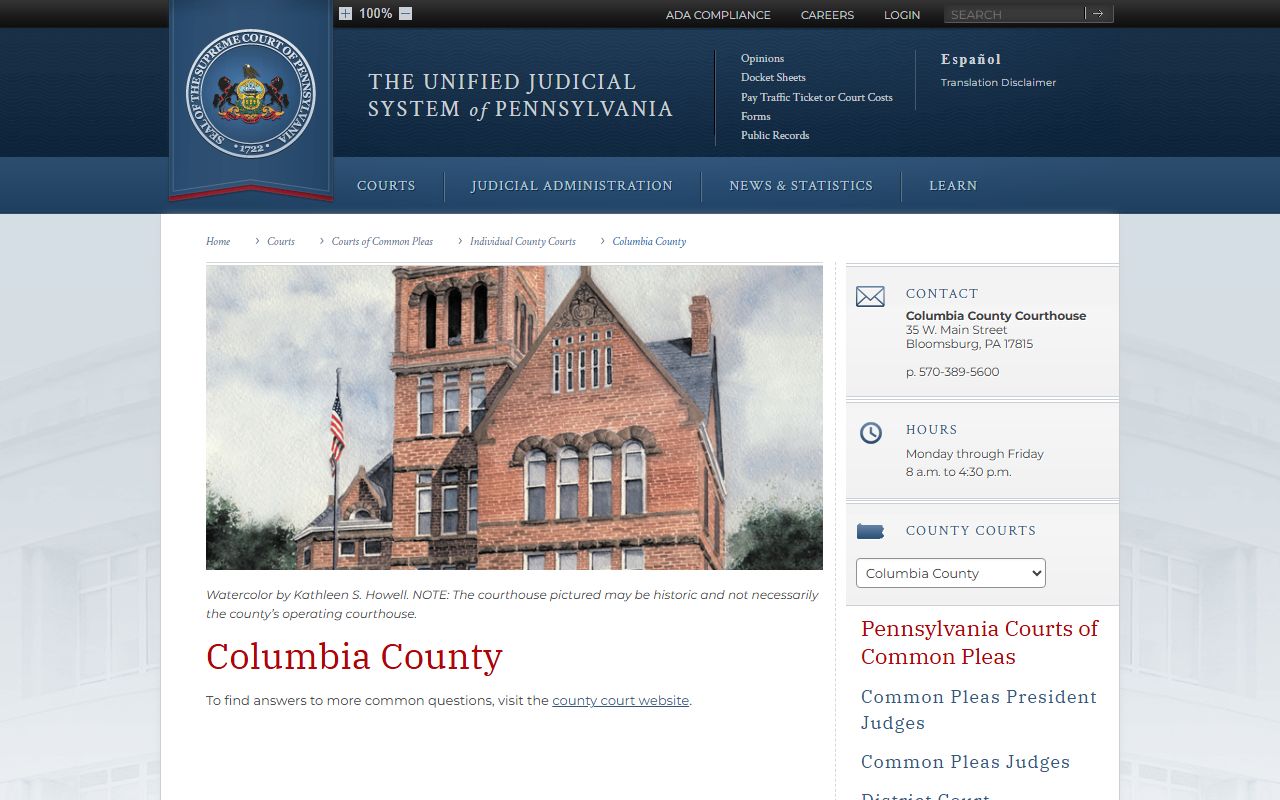 Columbia County Court records Pennsylvania judiciary courthouse page