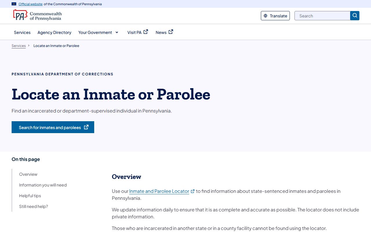 Columbia County inmate search Pennsylvania DOC locator limit