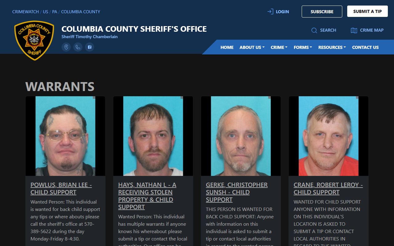 Columbia County warrant records on the sheriff active warrant list